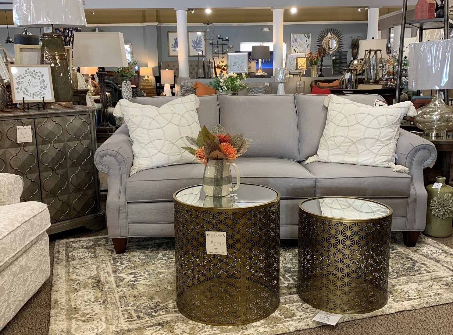 gray sofa with gold cocktail tables (3) gray sofa with gold cocktail tables